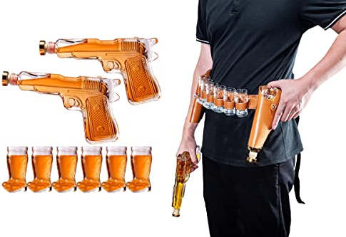 The Wine Savant Pistol & Shotglasses Decanter Party Serving Holster Set - Whiskey Gun Decanter & Shot Glass - Pourers & Stopper - 2x 7.7oz Decanters - 6x 2oz Cowboy Boot Shots - Unique Gifts
