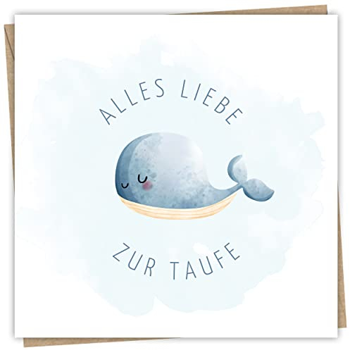 Hochwertig Karte zur Taufe mit Umschlag aus Kraftpapier - Taufkarte für Mädchen und Jungen 15x15 cm - Ideale Glückwunschkarte zur Taufe für das Patenkind als Klappkarte mit Wal Motiv