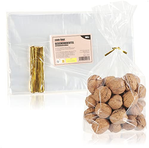 Com-four® 100x Sacs Transparents en Cellophane - Sacs Alimentaires à Fond Transparent - Avec Bandes de Reliure - Pour Biscuits, Bonbons et Produits