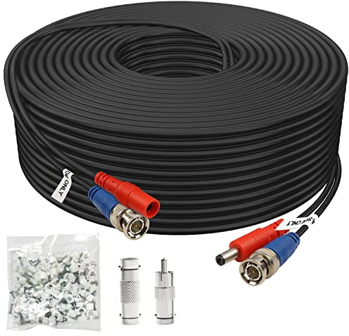 Aimyzii BNC-Kabel, 61 m, 1 Packung BNC-Video-Stromkabel, All-in-One Video-Sicherheitskamerakabel für CCTV-Kamera, DVR-Sicherheitssysteme (inklusive 2 x BNC-Adapter, 100 Stück Kabelclips), Schwarz