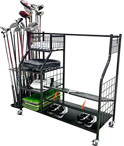 Golftaschen-Aufbewahrungs-Organizer, Garage, Golftasche, Aufbewahrung für 2 Sporttaschen, Golf-Organizer für Golfausrüstung und Zubehör, extra großes Golf-Aufbewahrungsregal mit abschließbaren Rädern
