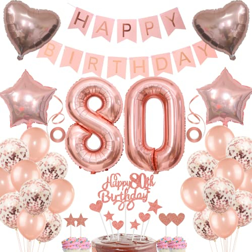 Deko 80. Geburtstag Frau - Tortendeko Rosegold für Frauen - Geschenk und Ballon zum 80 Jahre Jubiläum