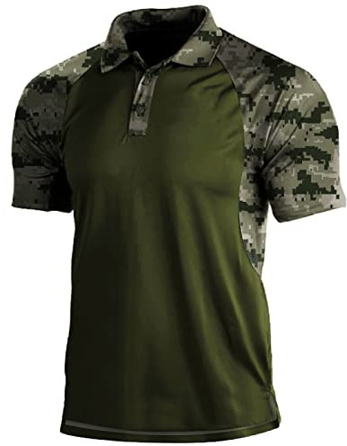 Mens Camouflage Outdoor Polo Shirt Short Sleeves Military Tactical Golf T-Shirts Athletic Moisture Wicking Casual Tees(Grey,Large)