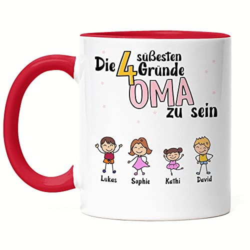 Kiddle-Design Oma Tasse Rot Geburtstag Personalisiert für Oma Enkel Enkelin Baby Geschenk Kinder Oma Geschenk Muttertag 4 Kinder