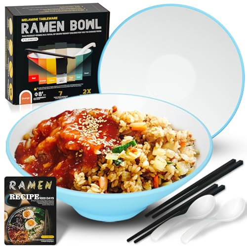 YTLEMON Plastic Ramen Bowl Set of 2 - Japanese Salad Noodles Cereal Fruit Pasta Soup Large Bowls 2×1000 ml 33 Ounces with Recipes Chopsticks and Spoons for Camping Party Men and Women Gifts Ideas