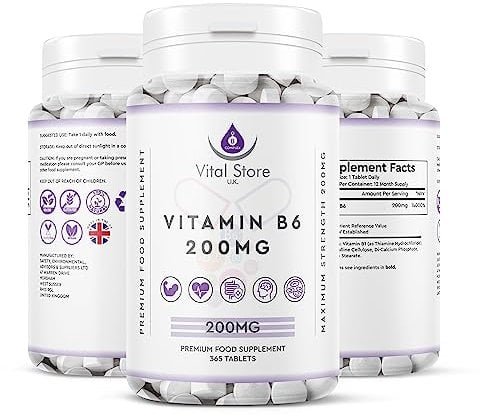 Vitamin B6 200 mg High Strength 365 Tablets Vegan Tablets 1 Year Supply – Gluten Free Supplements for Red Blood Cell Formation, Dietary Supplement for Your Immune and Nervous System