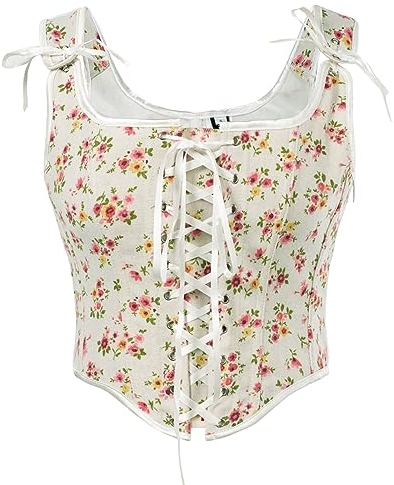 SCARLET DARKNESS Gothic Wikinger Korsett Shapewear Schulterfrei mit Reißverschluss Weste Brust Binder Rosa Gelb Blumen 42