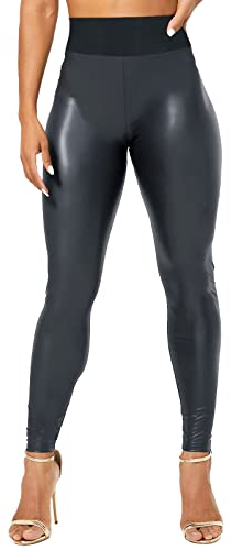 Damen Pu Hose Damen Kunstleder Leggings High Waist Leggings Hose Strumpfhosen Treggins Leggins Kunstleder Leggings Leder Look hüfthoch Schwarz