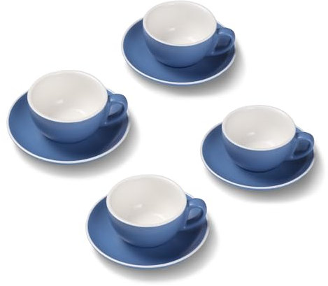 Terra Home 4er Cappuccino-Tassen Set - Blau, 200 ml, Matt, Porzellan, Dickwandig, Spülmaschinenfest, italienisches Design - Kaffee-Tassen Set mit Untertassen