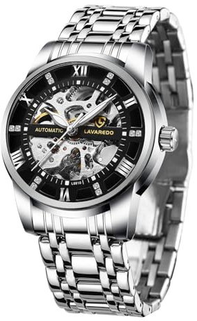 aswan watch Montre Automatique Homme-Cadran Squelette avec Chiffres Romains et Diamant-Montres Mécanique avec Bracelet en Acier Inoxydable