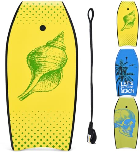 HOMASIS Tavola da Surf L, Bodyboard in XPE e HDPE con Corda per il Polso, Tavoletta Mezzaluna per Surf, Adatta a 14+ Anni, Portata 85 kg, 104 x 51 x 6 cm (Giallo)
