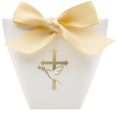 VEGCOO 30 Pcs Boite Dragees Bapteme, Contenant Dragées Baptême Blanc Cadeau Mariage Invité avec Ruban de Champagne pour Fête de Naissance, Baptême, Mariage(5.7x6x10cm)