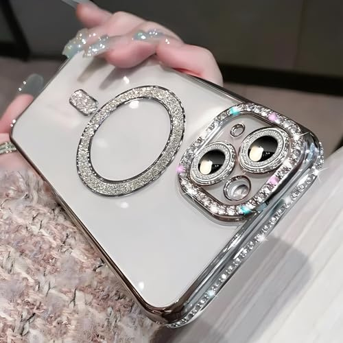 Bakicey Hülle für iPhone 12 Pro Max,Kantenbohren mit Mag-Safe TPU Handyhülle Durchsichtig Glitzer Schutzhülle Süße Kratzfest Bling Bling Luxuriös Case Cover für iPhone 12 Pro Max,Silber