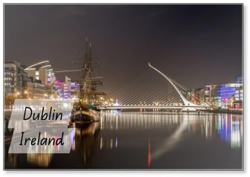 Kühlschrankmagnet mit wunderschöner Nachtansicht von Dublin mit Wasser, Brücke und Gebäuden