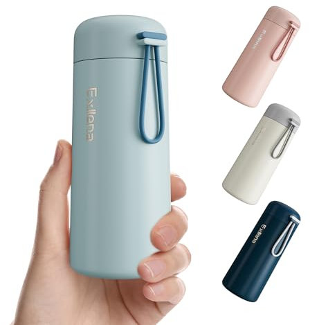 Exllena Small Flask 250ml Water Bottle Made of 304 Stainless Steel, Double Wall Vacuum Insulation for Hot&Cold Drinks, Mini Flask with Carry Handle - 100% Leakproof (Grayish Blue)