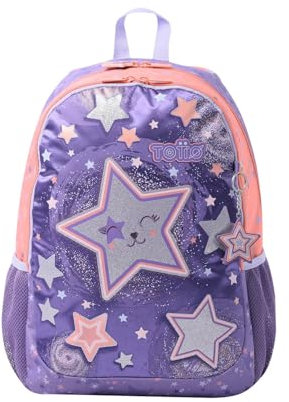 TOTTO - Mochila Infantil, Modelo Star Cat L, Mochila Grande, Capacidad 16 L, 2 Compartimentos, 2 Bolsillos para Botella, Organizador Interno, Correas Acolchadas, Resistente y Duradera, Color Morado