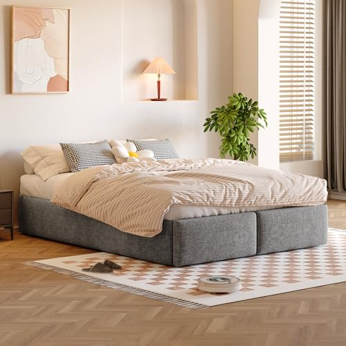 SOFTWEARY Futonbett mit Bettkasten, Lattenrost und Schubladen, Doppelbett ohne Kopfteil, Bezug aus Leinen, Jugendbett (grau, 140x200 cm)