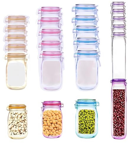 UEAVOID Pack of 20 Reusable Food Storage Bags, Mason Jar Zip Bags with Standing Base Design, Clear Polyethylene (PE) Construction, Zipper Closure, Ideal for Snacks, Meat, and More