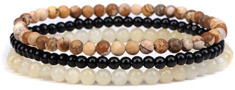 JENCVNL 3 Stück Naturstein Perlen Stretch Armband 4mm Echtes Naturstein Armband Stretch Naturstein Armband 4mm Damen Edelstein Armband Echtes Edelstein Armband Set für Frauen Männer Teens (Braun)