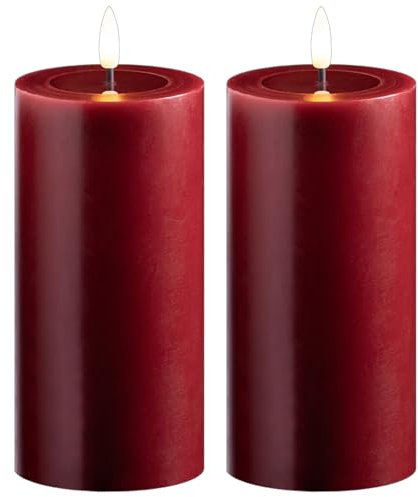 Novaliv 2er Set LED Stumpenkerzen groß rot Echtwachskerze mit beweglicher Flamme flackernd - Timerfunktion für 6 Stunden warmweißes Licht 7,5cm ø 15cm Höhe - 2 AA Batterien nötig Echtwachspiegel