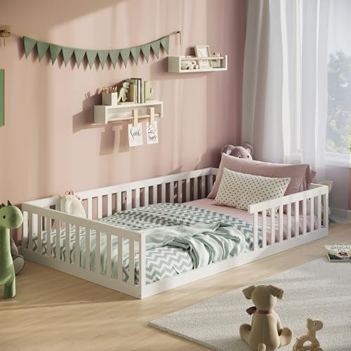 Lit au Sol avec barrière Anti-Chute - 140 x 200 cm - Sommier à Lattes Inclus - Lit Simple pour Enfant et Adolescent - Lit Enfant - Lit Montessori - Blanc