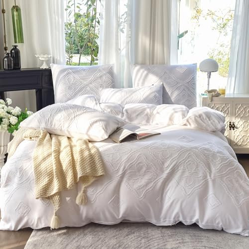 Amolavet Boho Bettwäsche 200x200 3teilig Set Weiß Getuftet Vintage Blümchen aus Weich Bügelfreie Gebürstetem Mikrofaser - Boho Deko Sommer Bettwäsche 200x200 für Doppelbett