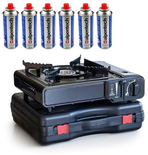 Intec - Hornillo de gas portátil de 2200 W + 6 cartuchos de gas butano cocina exterior