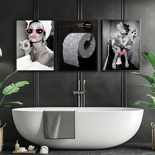 BeiYiHo 3 Affiche Femme Toilette WC Tableau Femme Sexy Noir et Blanc Affiches Photo Poster Toilette Humour Tableau Decoration Murale pour WC Toile 30x40 sans Cadre