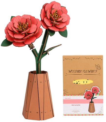 3D Puzzle Holz Blumen Rote Kamelie Modellbausatz Erwachsene, Klemmbausteine Künstliche Ewige Blüten, für ihren Geburtstag/Valentinstag/Muttertag/Weihnachten Geschenk (Farbe1)