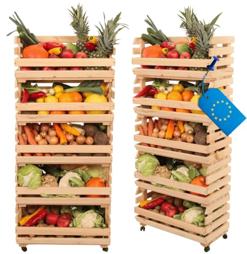 MODO24 Modular Holzregal für Gemüse & Obst auf Rollen, Stapelbares Regalsystem aus Kiefernholz, 5 Holzkisten, Kartoffelsteige, Küchenregal, Vorratsregal, Gemüseregal, Abm. 132x57x30 cm, Fargbe: Natur