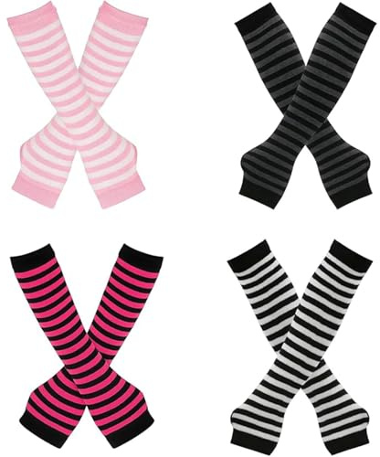 SongBuydn 4 Paare Damen Lange Fingerlose Handschuhe, Gestreift Stricken Armwärmer für Frauen, Y2k Streifen Fingerlose, für Outdoor-Aktivitäten und Wintermode
