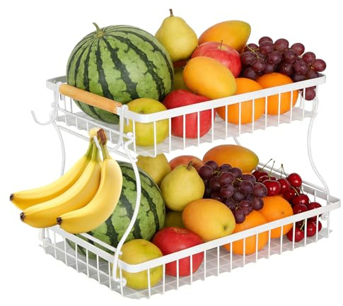 Cozary 2 Stockig Obstkorb Etagere 37x24x23cm, Obst Etagere mit 2 Ablagebrettern, Fruits Basket Stapelbar, Raumsparend, für Buffets, Obst, Snack, Gemüse, Kekse, Desserts, Weiße