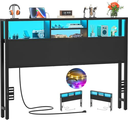 iSunirm Bettkopfteil mit Ablagefächern, 155 cm, mit Steckdosen, USB- und USB-C-Anschlüssen, LED-Beleuchtung, höhenverstellbar, wendbar, robust und stabil, Schwarz
