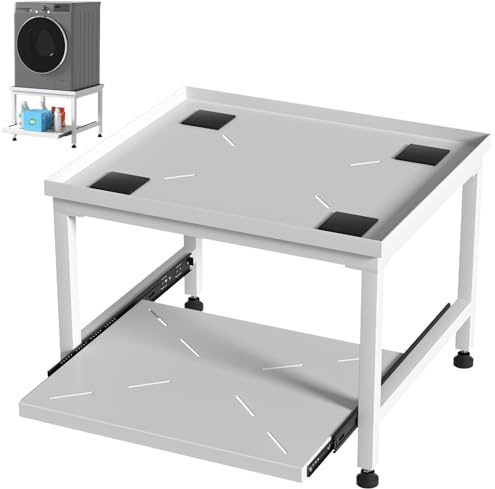 Vkechh Waschmaschinen Untergestell Tragkraft 200kg, Höhenverstellbar 45cm,Mit Ausziehbarer Ablage,Anti-Vibration,Sockel für Trockner, Kühlschrank, Waschmaschine,Weiß