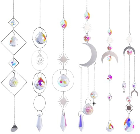 6 Stück Hanging Windspiel Regenbogen Sonnen Mond Anhänger Kristalle,Kristalle zum Aufhängen Fenster Deko,Ca. 40 cm Ornament Kristallkugeln,Glas Mond Blätter Ornament,Für Fenster