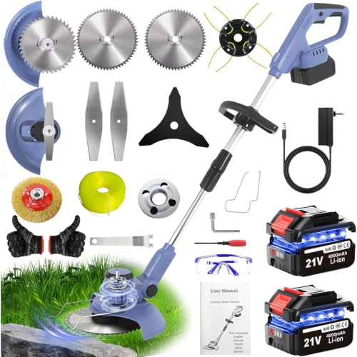 TOPALL Decespugliatore a Batteria 2 * 4AH, Tagliaerba a Batteria con Brushless,1000W, 20000 giri/min, Larghezza Taglio 20CM,5 Tipi di Lame una Spazzola per Diserbo, Taglia Erba da Giardino Elettrico