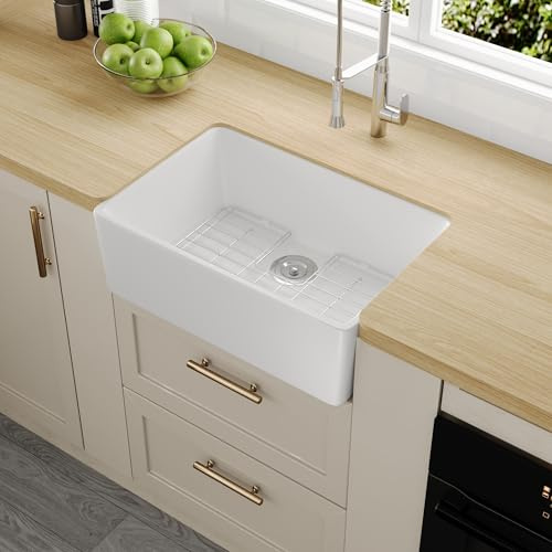 DeerValley Fregadero de cerámica para cocina 60,5 × 40,8 cm – Fregadero de cocina de estilo granja blanco, gran fregadero individual empotrable, fregadero de campo resistente a los arañazos y al calor