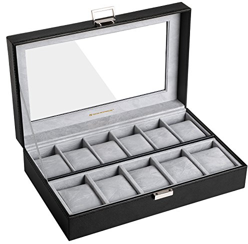 SONGMICS Uhrenbox, Uhrenkasten, Aufbewahrungsbox mit großen Fächern, mit PU-Bezug, Samt-Innenfutter und Glasfenster, Schwarz JWB14BK