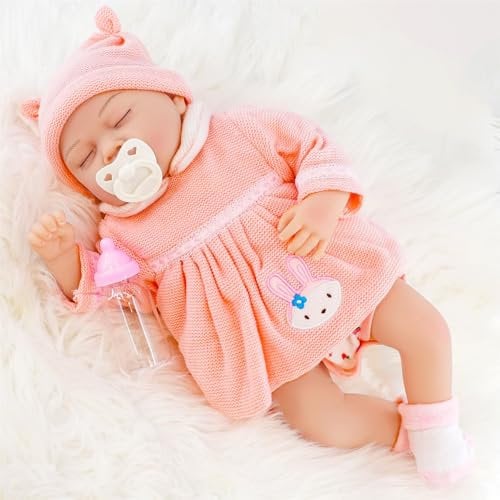 BiBi Doll Reborn Baby Girl - Realistic Rose with Closed Eyes, Pink Dress, Dummies, Bottles, Certificate - 20 Handmade Sleeping Girl Doll