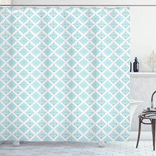 ABAKUHAUS Floral Rideau de Douche, Motif damassé Moderne de Style, Tissu Ensemble de Décor de Salle de Bain avec Crochets, 175 cm x 200 cm, Mer Bleu et Blanc