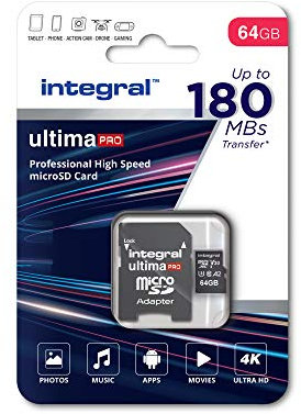Integral 64GB Micro SD Card 4K Video Read Speed 180MB/s and Write Speed 80MB/s MicroSDXC A2 C10 U3 UHS-I 180-V30 Our Fastest Ever High Speed Micro SD Memory Card