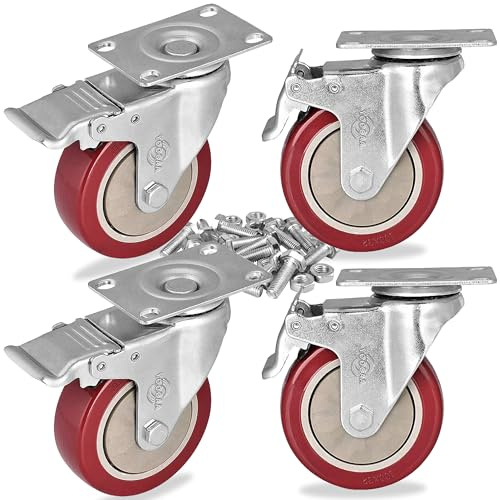 75 mm Heavy Duty Casters Set of 4 Lockable Bearing Caster Wheels with Brakes Industrial Swivel Top Plate Swivel Casters for Furniture Workbench Total Capacity 450 kg