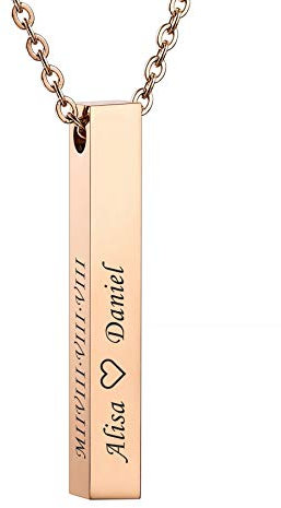 MEMEDIY Personalized 3D Vertical Cuboid Bar Pendant Necklace Customized Adjustable Chains for Women Girls Engraving Name Gifts Stainless Steel Lovers Jewelry (Rose-Gold Color)