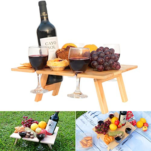 Outdoor-Wein-Picknicktisch, zusammenklappbar, tragbares Bambus-Tablett mit 4 Weinglas-Halterungen für Käse und Obst, ideal für Camping, Strand, Weingeschenke für Frauen