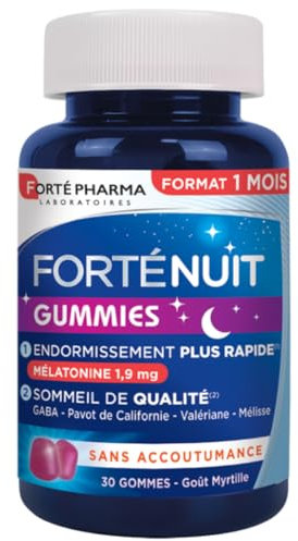 Forté Pharma - FortéNuit Gummies - 1,9 mg de Mélatonine et Plantes, GABA - Douce nuit - Complement Alimentaire Sommeil – Endormissement rapide & Sommeil de Qualité favorisés - 30 gommes, 1/jour