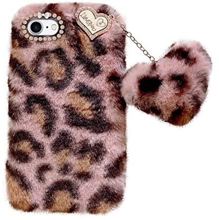 Uposao Compatible with iPhone 8 / iPhone 7 Mobile Phone Case Fluffy Cute Leopard Plush Mobile Phone Case Winter Warm Protective Case with Crystal Rhinestone Love Heart Pendant for Women Girls, Pink