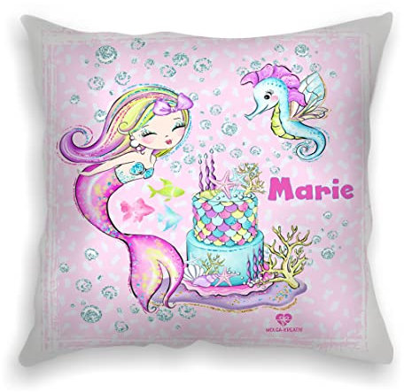 wolga-kreativ personalisiertes Kissen 40x40 cm – Kuschelkissen mit Namen Bedrucken – Geschenk zur Geburt, Taufe & Geburtstag – Flauschiges Kinderkissen mit süßen Motiven – Namenskissen Meerjungfrau