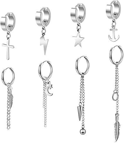 8 Stücke Hoop Dangle Kpop Ohrringe Edelstahl Baumeln Klappbare Creolen Lassen Langkettiger Anhänger Kpop Ohrring Creolen Hängende Ohrringe mit kette Punk Gothic Kreuz Kpop Lange Kette Ohrring Silber