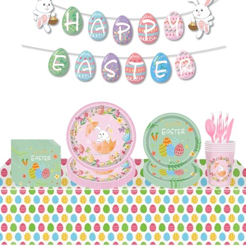 BlinBlin Easter Party Tableware, Easter Sunday Dinnerware Plates, Easter Day Theme Decoration, Tablecloth, Easter Eggs Banner, Plates Cups Napkins, 16 Guests Party Supplies