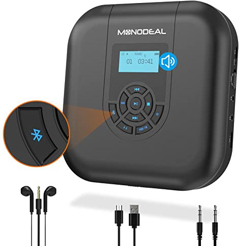 CD Player Portable, MONODEAL Bluetooth CD Player with Speakers,Rechargeable CD Player for Car and Home with LED Screen